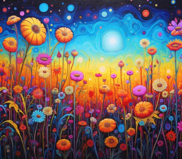 painting of a field of flowers with a bright sun in the background generative ai