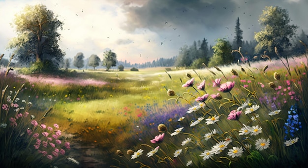 A painting of a field of flowers with a cloudy sky in the background.