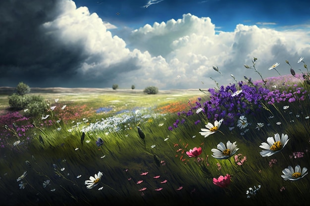 Картина с изображением поля цветов на фоне облачного неба.