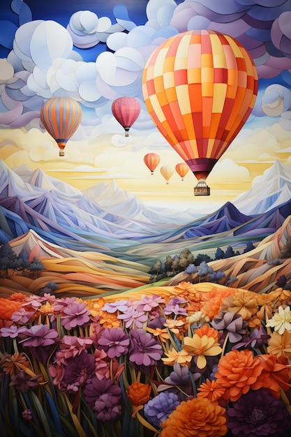 Painting of a field of flowers with a hot air balloon in the sky generative ai