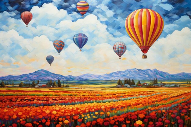 Painting of a field of flowers with hot air balloons flying over it generative ai