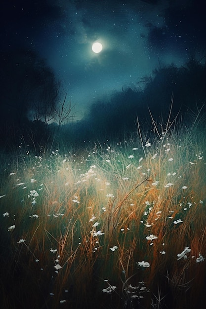 A painting of a field of flowers with the moon in the background.