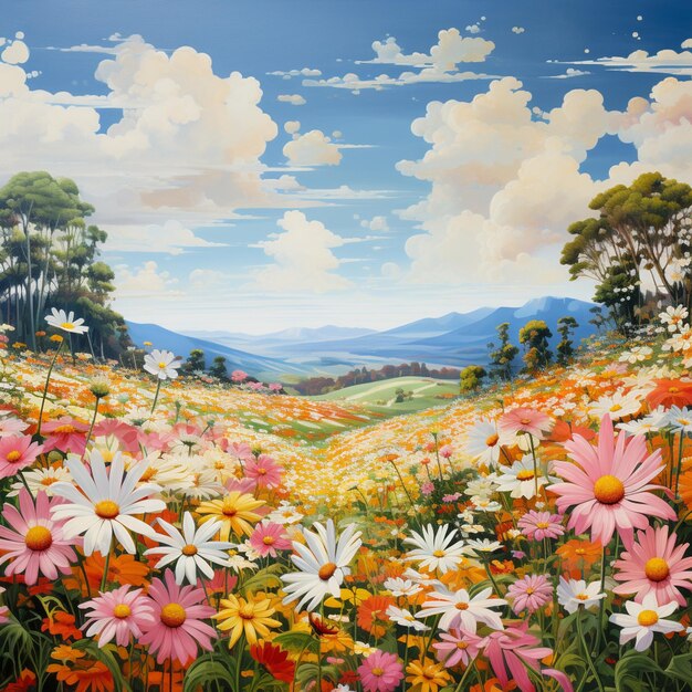 painting of a field of flowers with a mountain in the background generative ai