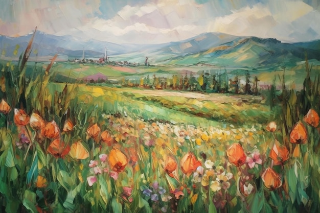 산을 배경으로 꽃밭을 그린 그림.