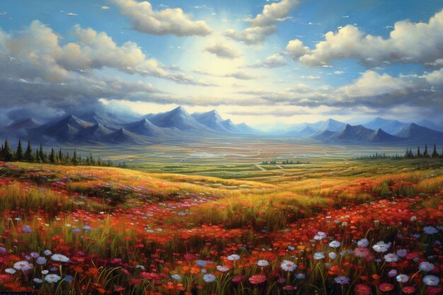 Painting of a field of flowers with mountains in the background generative ai