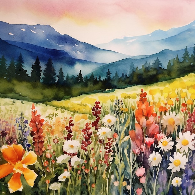 a painting of a field of flowers with mountains in the background.