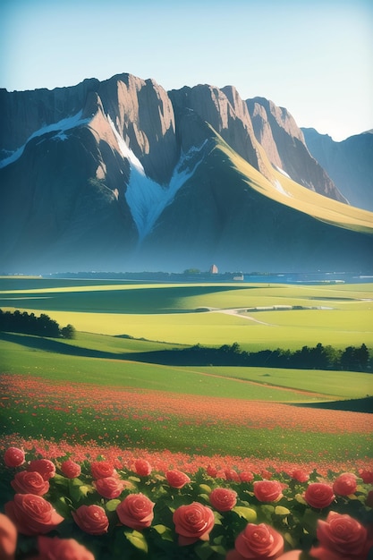 A painting of a field of flowers with mountains in the background.