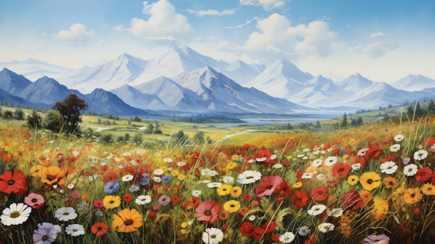 Painting of a field of flowers with mountains