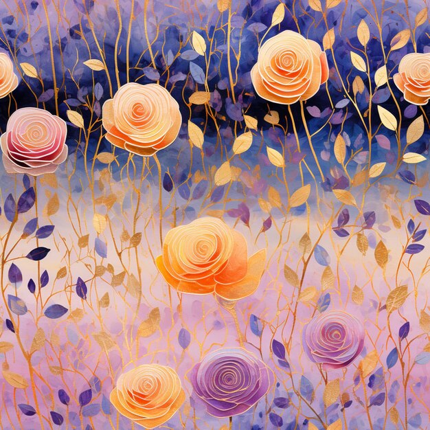 Foto pittura di un campo di fiori con fiori arancione e viola generativa ai