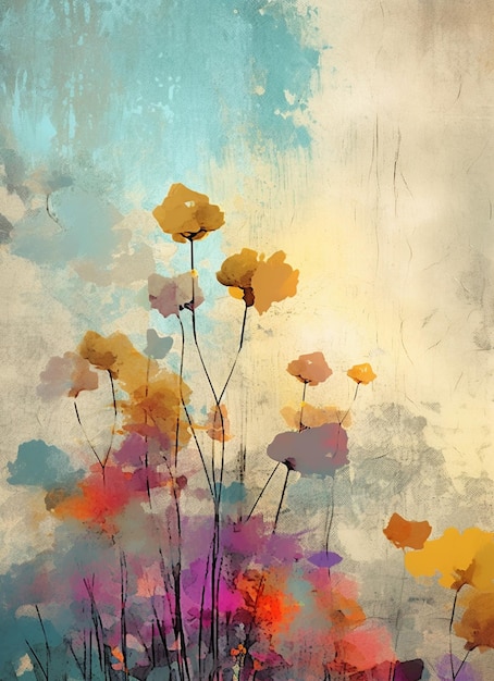 Painting of a field of flowers with a sky background generative ai