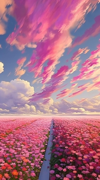 painting of a field of flowers with a sky background generative ai