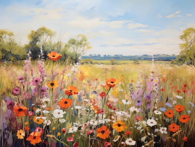a painting of a field of flowers with a sky background
