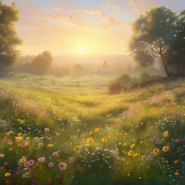 A painting of a field of flowers with the sun setting behind it.