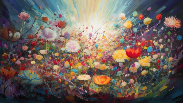 A painting of a field of flowers with the sun shining on it.