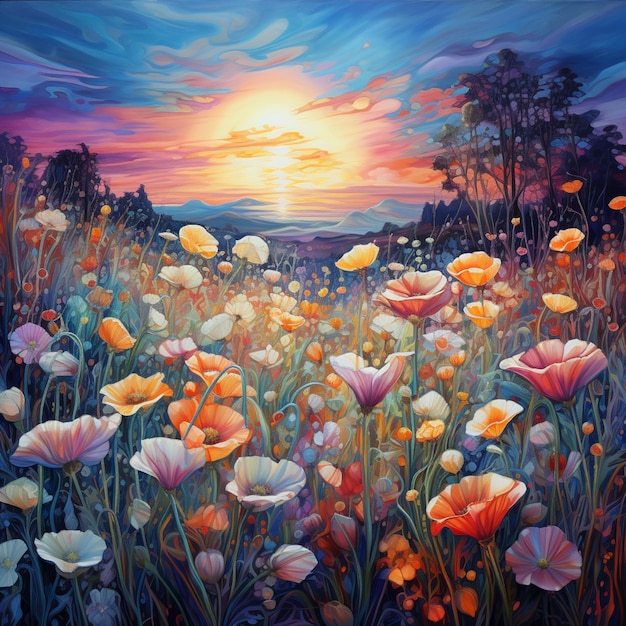 painting of a field of flowers with a sunset in the background generative ai