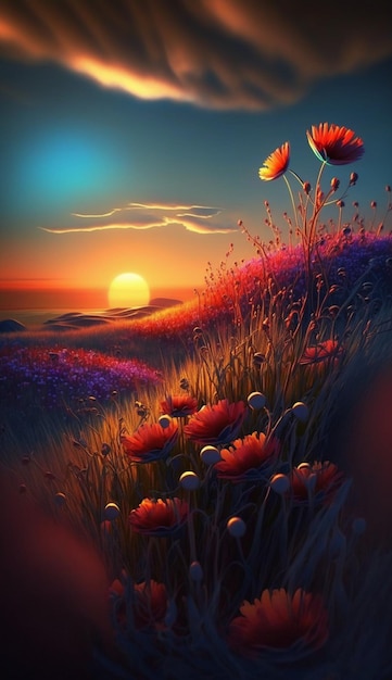 A painting of a field of flowers with a sunset in the background.