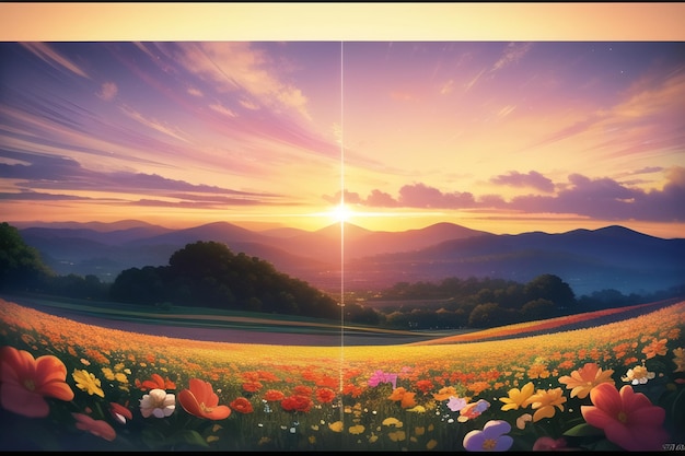 A painting of a field of flowers with a sunset in the background.