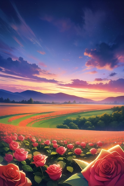 A painting of a field of flowers with a sunset in the background.