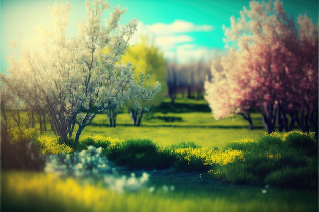 A painting of a field of flowers with a tree in the foreground