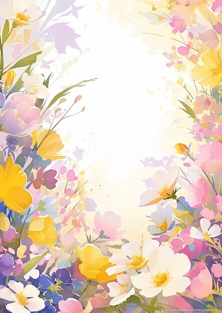 Картина с цветочным полем на белом фоне Цветы разных цветов разбросаны по всей картине Настроение картины мирное и спокойное