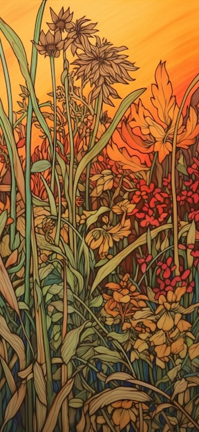 A painting of a field of flowers with a yellow sky in the background.