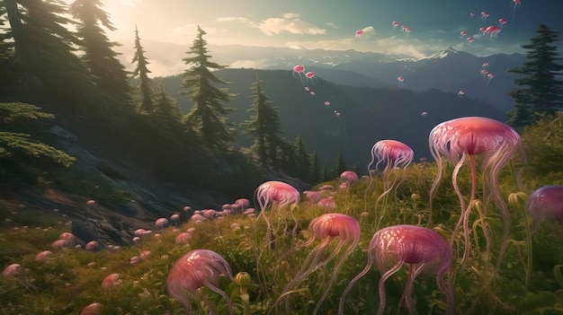 A painting of a field of jellyfish with pink flowers on the ground.