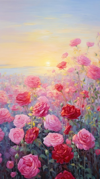 Painting of a field of pink roses with a sunset in the background generative ai