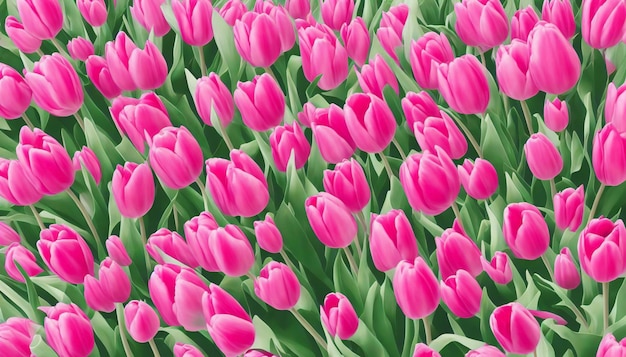 A painting of a field of pink tulips