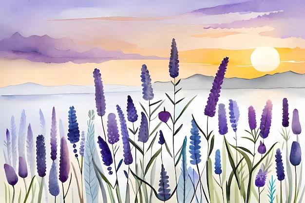 A painting of a field of purple flowers with the sun setting behind it.