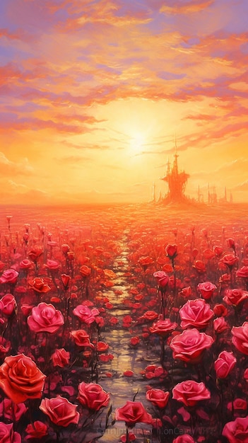 painting of a field of red roses with a ship in the distance generative ai