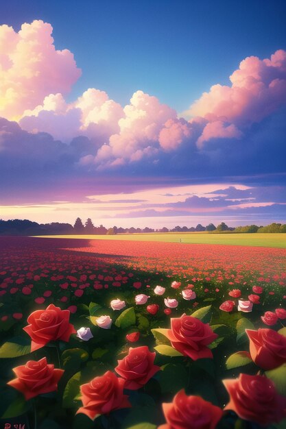 Photo a painting of a field of roses with a cloudy sky in the background.