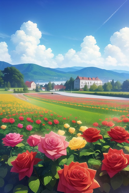 A painting of a field of roses with a mountain in the background