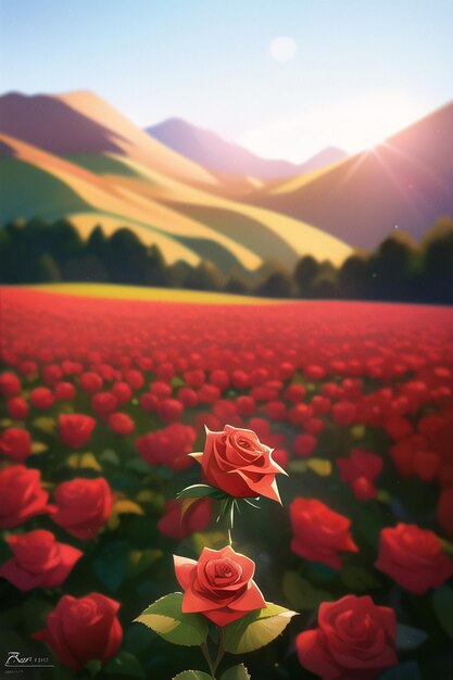 A painting of a field of roses with mountains in the background