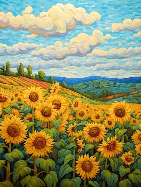 A painting of a field of sunflowers with a blue sky and clouds in the background.
