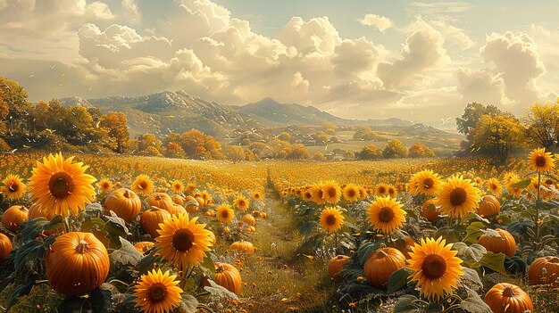 Photo a painting of a field of sunflowers with mountains in the background