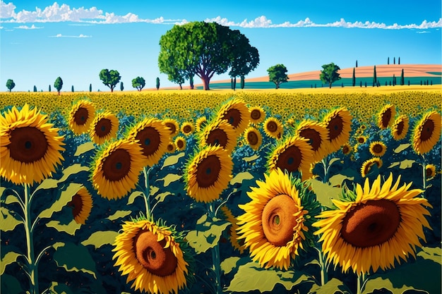 A painting of a field of sunflowers with trees in the background.