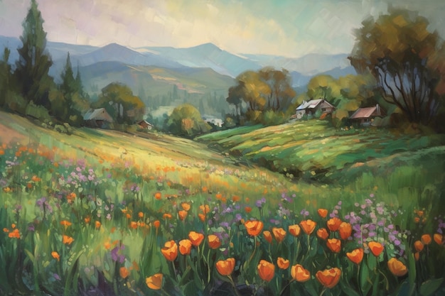 A painting of a field of tulips in spring