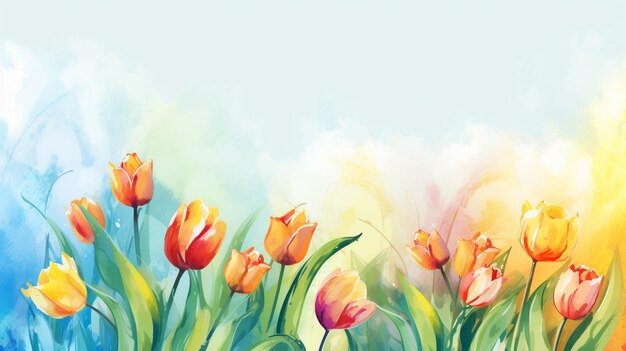 Картина поля тюльпанов с голубым небом на заднем плане