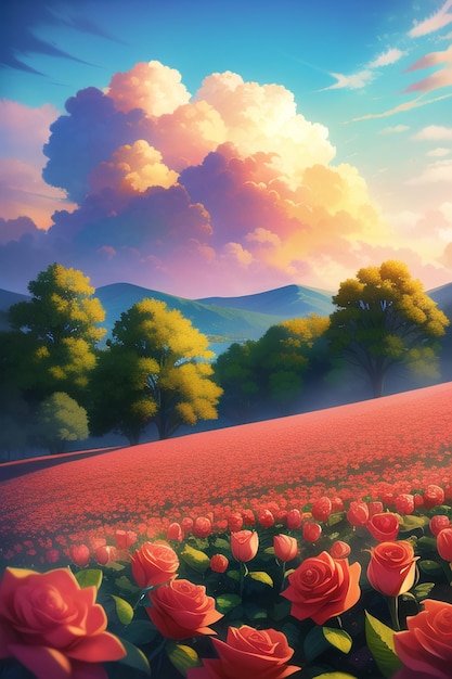 A painting of a field of tulips with a cloudy sky in the background.