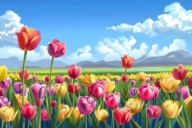 Photo a painting of a field of tulips with mountains in the background