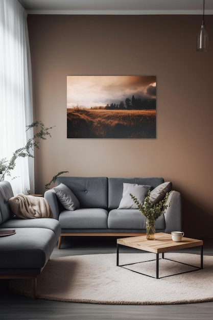 A painting of a field of wheat hangs on a wall.