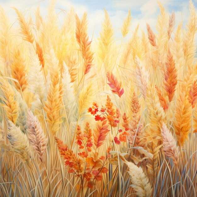 painting of a field of wheat with a bird in the distance generative ai