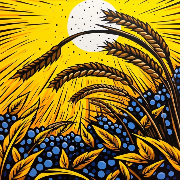 Painting of a field of wheat with a sun in the background generative ai