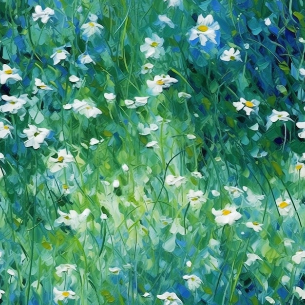Photo painting of a field of white flowers with green leaves generative ai