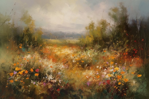 A painting of a field of wild flowers.