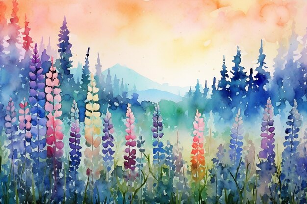 野の花の畑を描いた絵 背景に山が描かれている