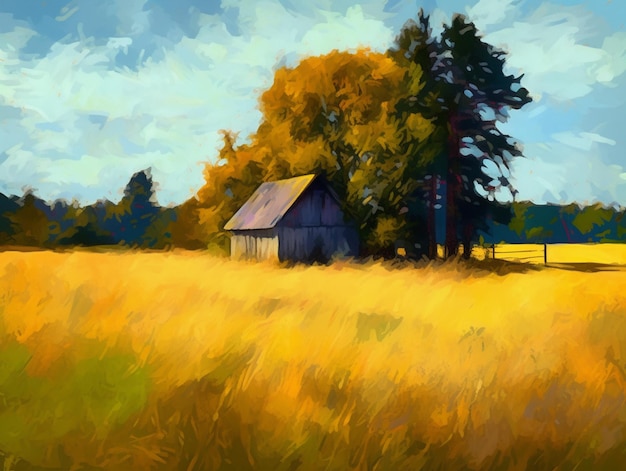 A painting of a field with a barn in the foreground.