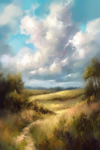 A painting of a field with a cloudy sky