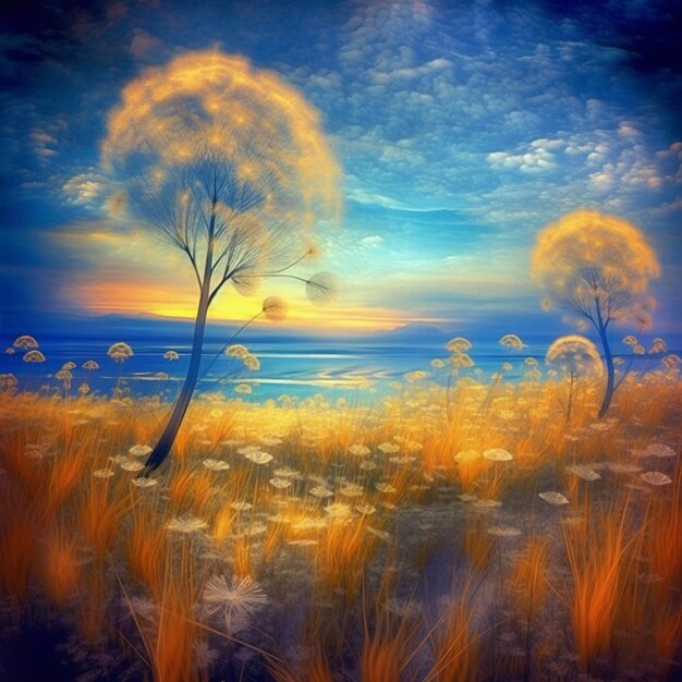 Painting of a field with dandelions and a tree in the distance generative ai