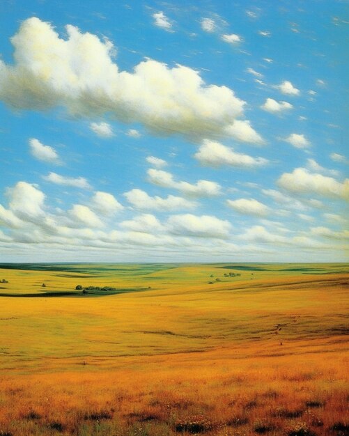 Painting of a field with a few clouds in the sky generative ai